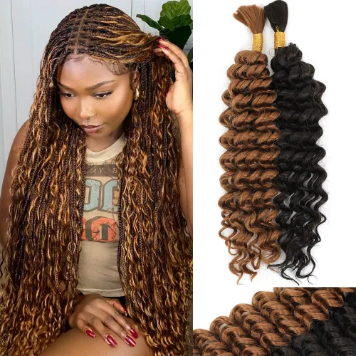 Miniatura 12 de Mezcla de cabello humano trenzado sintético de onda profunda a granel para trenzar, 16 pulgadas, cabello trenzado húmedo y ondulado, 2 piezas