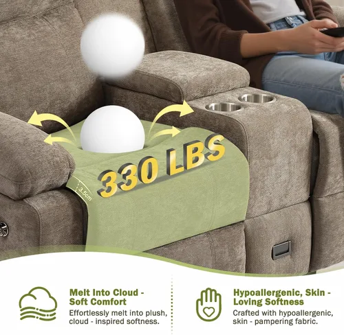 Miniatura 6 de Sofá biplaza reclinable manual con soporte ajustable de 360°, almacenamiento de consola central con carga tipo C y USB, reposacabezas ajustable