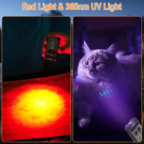 Miniatura 3 de BORUIT V30 linterna LED pequeña y potente EDC con luz roja y UV de 365nm, rotación de 180°, linterna plana de bolsillo y llavero recargable USB