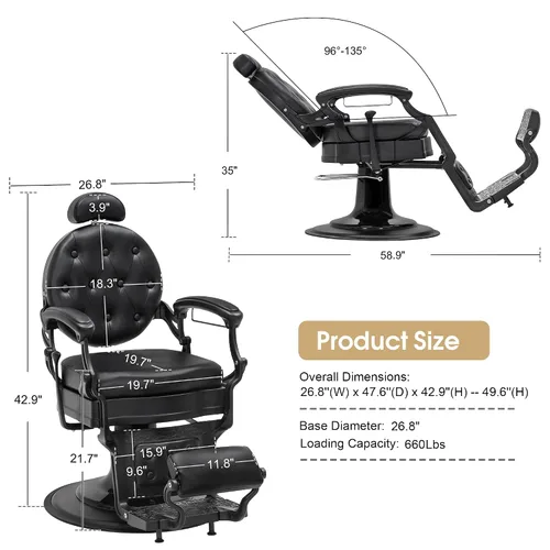Miniatura 3 de BarberPub Silla de peluquero resistente para hombres con reposacabezas, sillas reclinables hidráulicas de metal antiguo multiusos, equipo de negro