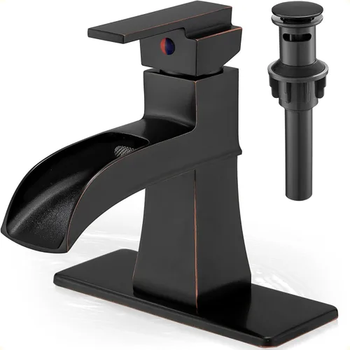 Miniatura 10 de Grifo de Cascada, Grifo de Lavabo de Baño de Latón Negro de 1 Orificio o 3 Orificios (4 Pulgadas) con Mango Único, Desagüe Pop-Up, Mangueras