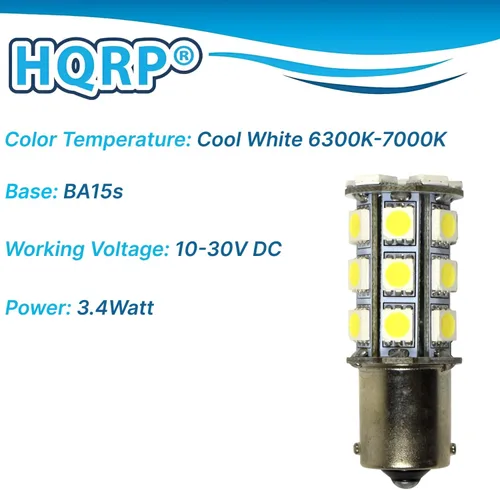 Miniatura 3 de HQRP BA15s Base de bayoneta de un solo contacto SMD 5050 6300-7000K 10-30V DC 3.4W bombilla LED compatible con #93, 382, 1141, 1156, 1157