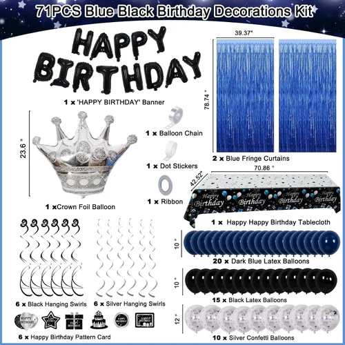 Miniatura 3 de Decoraciones de cumpleaños para niños, hombres, mujeres y niñas, decoración de fiesta de feliz cumpleaños azul y negro, pancarta de feliz