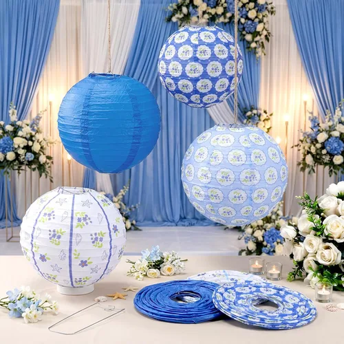 Miniatura 3 de Rossesay 12 faroles de papel costeros azules de 8 pulgadas, farol colgante de flores azules para interiores y exteriores, decoración náutica