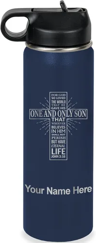 Miniatura 49 de LaserGram Botella de agua personalizada, versículo bíblico John 3-16, acero inoxidable de doble pared aislada al vacío con popote superior, regalo