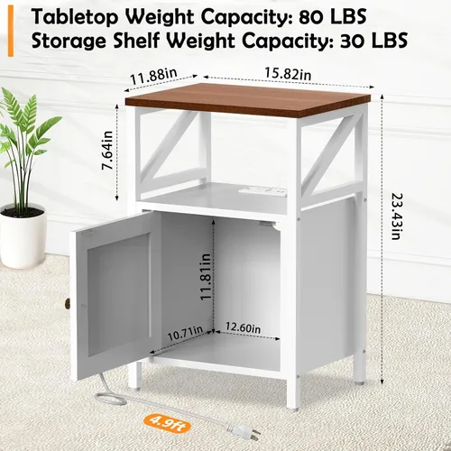 Miniatura 3 de Mesa auxiliar de granja con estación de carga, puertos USB de 3 niveles y mesa auxiliar, mesa auxiliar compacta para espacios pequeños, mesa blanco-K