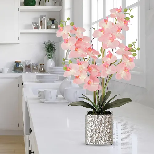 Miniatura 4 de Flores artificiales de orquídea con jarrón plateado, flores de falaenopsis de seda sintética grande para mesa de comedor, centros de mesa florales