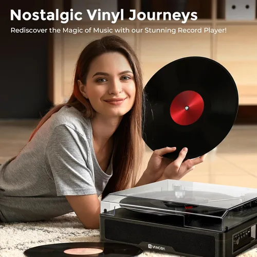 Miniatura 8 de VANGOA Tocadiscos de vinilo, tocadiscos de 3 velocidades con receptor Bluetooth, altavoces estéreo integrados, color negro