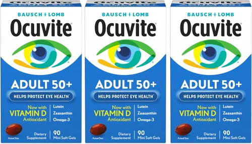 Ocuvite Adultos Más de 50 Vitaminas y Suplementos Minerales con Luteína, Zeaxantina y Omega-3, 90 Geles Suaves (Paquete de 3)