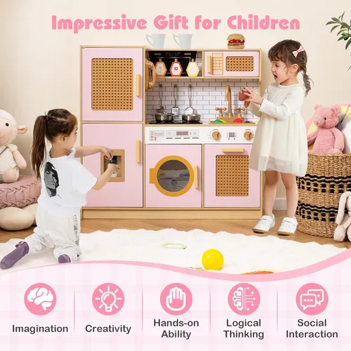 Miniatura 6 de Costzon Juego de cocina para niños, juguete Montessori de madera para niños pequeños con puerta de ratán, luz y sonido, dispensador de agua, Ratán