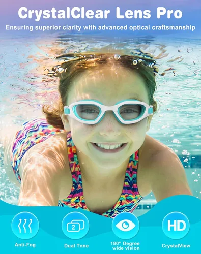 Miniatura 5 de Gafas de natación para niños en doble tono, almohadillas ajustables para la nariz y silicona suave a prueba de fugas (6-14), visión clara, antivaho