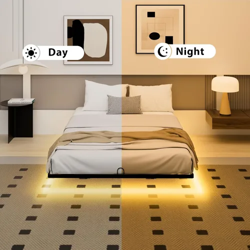 Miniatura 9 de Base de cama flotante tamaño individual, marco de cama individual con luces LED inteligentes, cama de plataforma de metal moderna y resistente