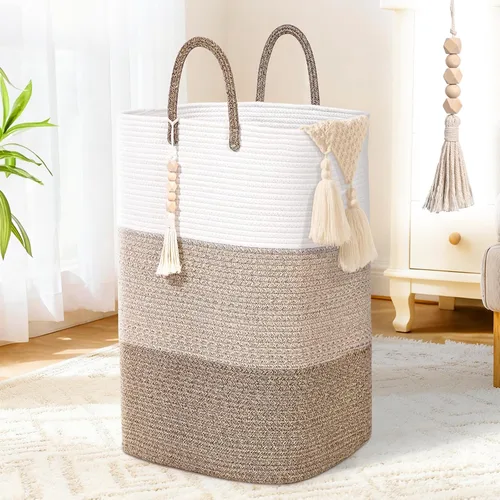 Miniatura 11 de Cesta Tejida de 65L para Ropa, Grandes Cestas de Lavandería Rectangulares con Cuentas y Borlas, Cesta de Almacenamiento para Guardería para Marrón