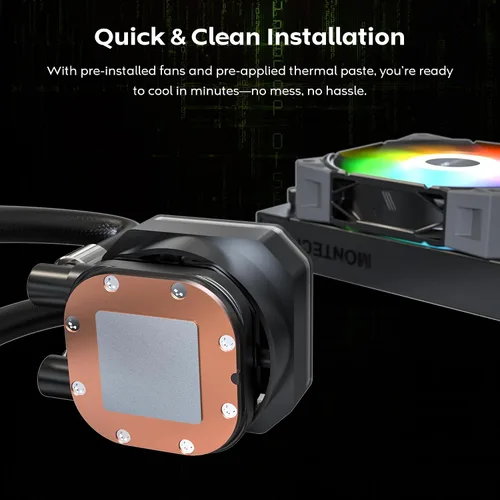 Miniatura 7 de MONTECH HyperFlow Digital 240 - Enfriador líquido de CPU, AIO de 9.449 in con bomba de 3100 RPM, 2 ventiladores E28 ARGB de 4.724 in, pantalla