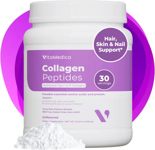 VitaMedica Polvo de péptidos de colágeno para mujeres y hombres – Cabello saludable, piel, uñas, huesos y articulaciones – Tipos hidrolizados I y