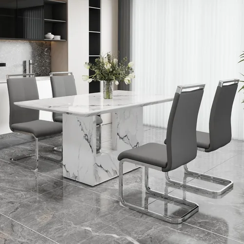 Miniatura 16 de Conjunto de mesa de comedor MUUOKY para 4, mesa de cocina de 63'' y sillas para 4, conjunto de mesa gris y 4 sillas modernas, adecuado para comedor