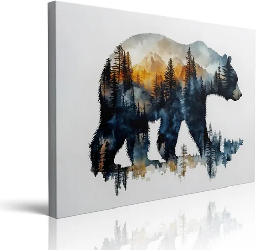 Lienzo enmarcado de paisaje de bosque, silueta de oso, arte de pared, pintura de acuarela, naturaleza, vida silvestre, decoración de pared, póster
