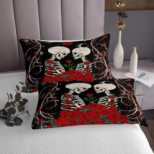 Miniatura 4 de Erosebridal Juego de colcha gótica acolchada con calavera de azúcar para parejas, romántica rosa roja para niños, mujeres y hombres, juego