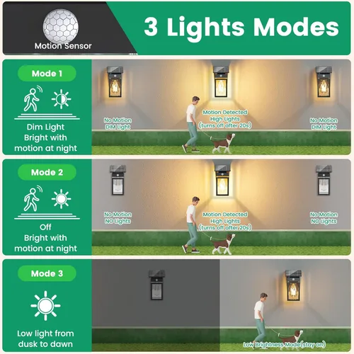 Miniatura 4 de Luces Solares de Porch al Aire Libre, del Anochecer al Amanecer y Luz de Pared con Sensor de Movimiento con Forma de Linterna, 3 Modos IP65