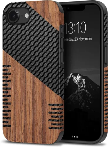 Miniatura 13 de TENDLIN Compatible con iPhone 17 Pro Max Funda de madera con textura de fibra de carbono Diseño de cuero híbrido delgado (negro)