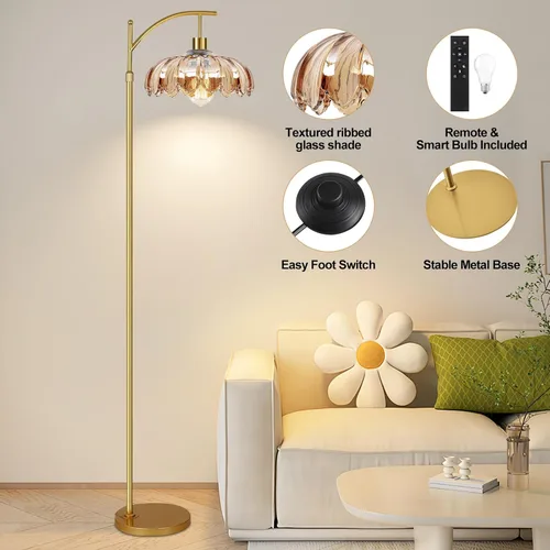 Miniatura 3 de AHDWDW Lámpara de pie de arco dorada para sala de estar con control remoto, lámparas de pie modernas regulables con pantalla de vidrio ámbar
