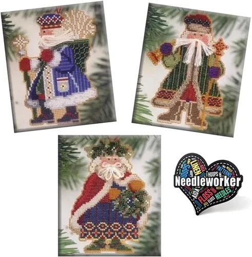 Mill Hill Woodland Santa Set (2001) Juego de 3 kits de punto de cruz con cuentas incluyendo campanero, Frosty y Holly & Ivy Santas, además de
