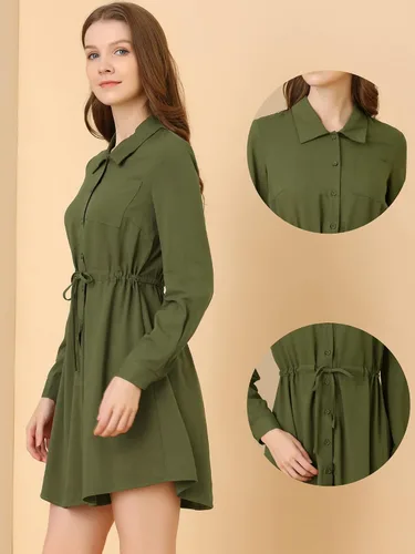 Miniatura 2 de Allegra K Vestido tipo camisa para mujer, vestido de manga larga con botones, M