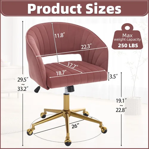 Miniatura 2 de ABET Silla de escritorio con ruedas, silla de oficina en casa de terciopelo, silla giratoria con base dorada, sillas acentuadas modernas tapizadas