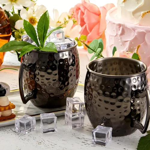 Miniatura 7 de Tessco Juego de 12 Tazas Moscow Mule de 16 oz, Juego de Tazas de Cobre, Tazas de Acero Inoxidable Plateadas en Cobre 304 Martilleadas para Bebidas