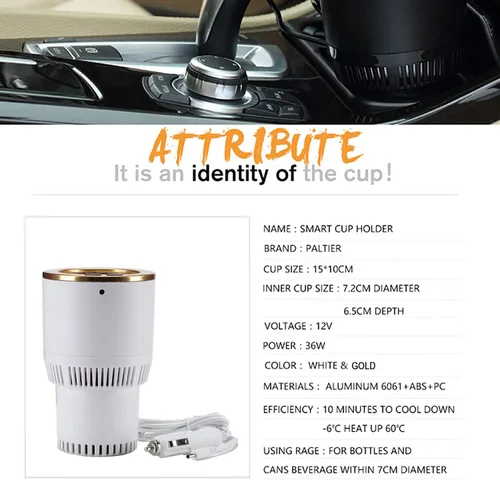 Miniatura 3 de Portavasos para automóvil con enfriador de bebidas, calentador inteligente de tazas, soporte para vasos 2 en 1 para automóvil (blanco con dorado)