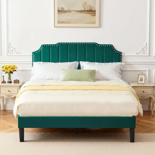 Miniatura 20 de VECELO Base de cama tapizada de terciopelo tamaño Queen con ribete de clavos, cabecera ajustable en altura copetuda, cama vintage con listones