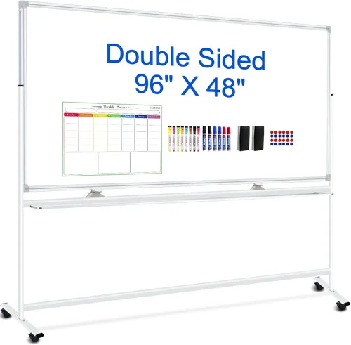 Miniatura 14 de Pizarra blanca magnética móvil de 72 x 48 pulgadas, pizarra blanca rodante sobre ruedas, grande de doble cara de 6 x 4 pies con soporte, pizarra