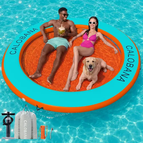 Miniatura 12 de CALOBANA Hamaca de agua inflable redonda flotante, flota lago isla balsa plataforma de muelle inflable para adultos, piscina, río, fiesta en la playa