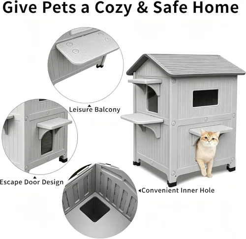 Miniatura 6 de Casa para gatos al aire libre, casas de 2 pisos al aire libre para gatos salvajes, refugio exterior de plástico, resistente a la intemperie