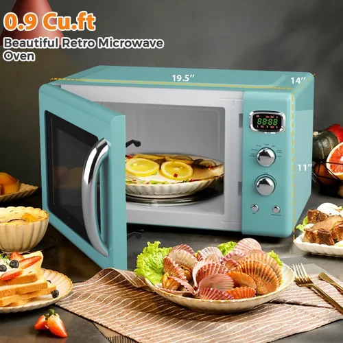 Miniatura 2 de SIMOE Horno microondas retro 0.9 pies cúbicos, 900W Compacto de encimera con 5 niveles de microondas y 8 funciones de cocción automática, bloqueo