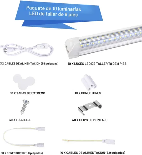Miniatura 2 de Henwsi Lámpara LED de tienda de 8 pies, paquete de 10 luces de tubo integradas T8, 72 W, 9500 lúmenes, 6500 K, cubierta transparente de alto