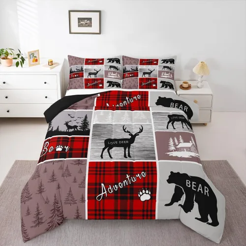 Miniatura 79 de Juego de edredón de oso y ciervo, tamaño individual, ropa de cama de animales salvajes de caza, colcha rústica de cabaña, casa de campo, cuadros