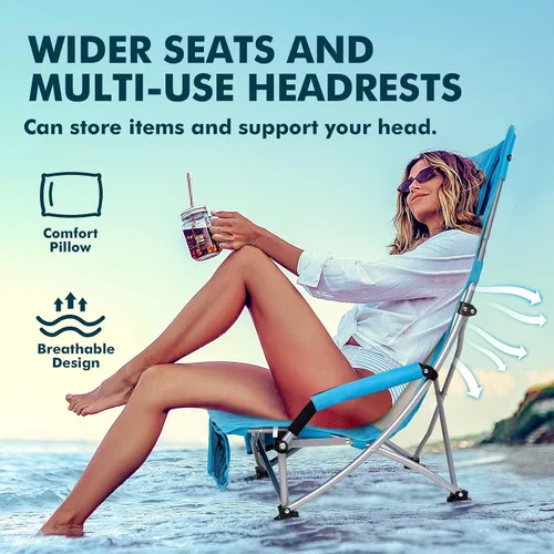 Miniatura 3 de AKSOUL Silla de playa plegable para adultos: sillas de respaldo bajo/alto con bolsa de transporte - Silla de asiento extra ancha con cómoda almohada