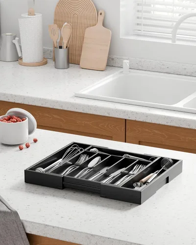 Miniatura 3 de Kitsure Organizador de cubiertos – Organizador de cajones de cocina de bambú expandible para utensilios de cocina y cubiertos, organizadores de Negro