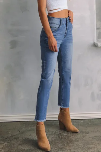 Miniatura 3 de Sidefeel Jeans de cintura alta para mujer, con dobladillo sin procesar, pierna recta, pantalones de mezclilla