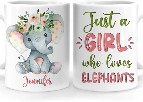 Hyturtle Regalos Personalizados Amante de Elefantes - Just A Girl Who Loves Elephants Taza de Café Personalizada con Nombre en Cerámica de 0,32 l -