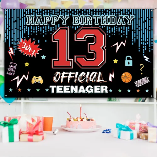 Miniatura 4 de Cartel oficial de telón de fondo para puerta de cumpleaños de 13 años, decoraciones de feliz cumpleaños para niños y niñas, rojo y azul de 13 años