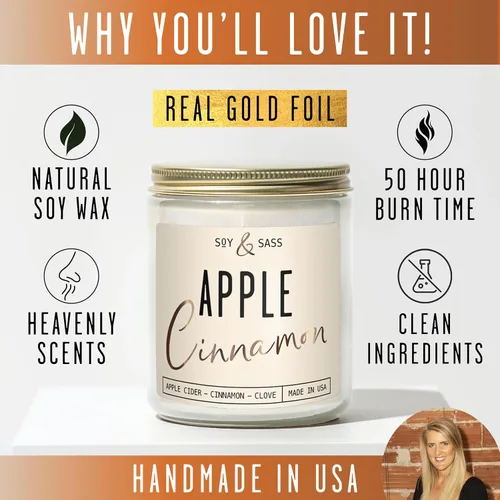 Miniatura 9 de Velas de Manzana y Canela, Vela de Manzana y Canela - 'Apple Cinnamon' Infundida con Aceites Esenciales I Velas de Soja Aromáticas Fuertes