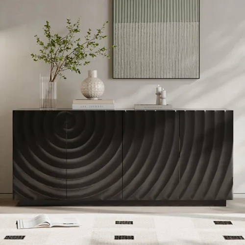 Miniatura 13 de Aparador geométrico contemporáneo de 60 pulgadas con puertas triangulares 3D y base flotante, gabinete de almacenamiento de credenza de nogal claro