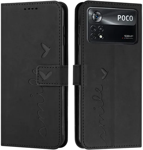 IVY Poco X4 Pro 5G - Funda tipo cartera para dispositivos Poco X4 Pro 5G, con función atril, correa de hombro con cordón, piel sintética, color negro