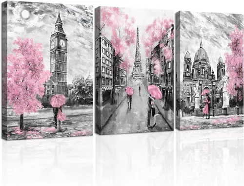 Lienzo de pared en blanco y negro para sala de estar, dormitorio, baño, niñas, rosa, temática de París, decoración de habitación, impresión de Rosa