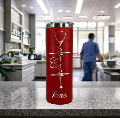 Miniatura 3 de AVITO Heartbeat Nurse's - Vaso de acero inoxidable personalizado grabado con láser de 20 onzas con estetoscopio personalizado, incluye popote