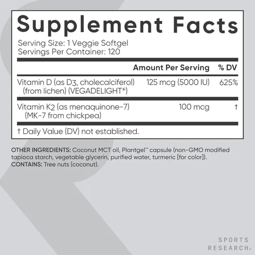 Miniatura 5 de Sports Research® Vitamina D3 + K2 con aceite de coco, vitamina D vegana 5000iu y vitamina K Mk7 de 100 mcg para apoyo óseo e inmunológico