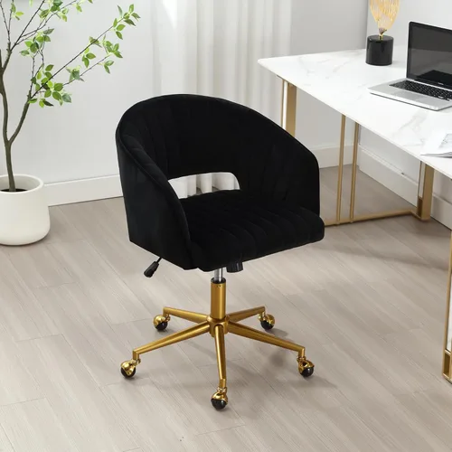 Miniatura 2 de Silla de escritorio giratoria para oficina en casa, moderna silla de escritorio de terciopelo, sillón de altura ajustable con base dorada, silla