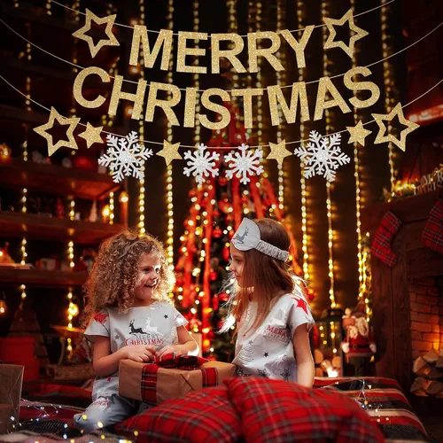 Miniatura 8 de KatchOn, Pancarta de Feliz Navidad con Purpurina para Interiores - Grande de 10 Pies, 3 Cuerdas Guirnalda de Copos de Nieve Decoraciones